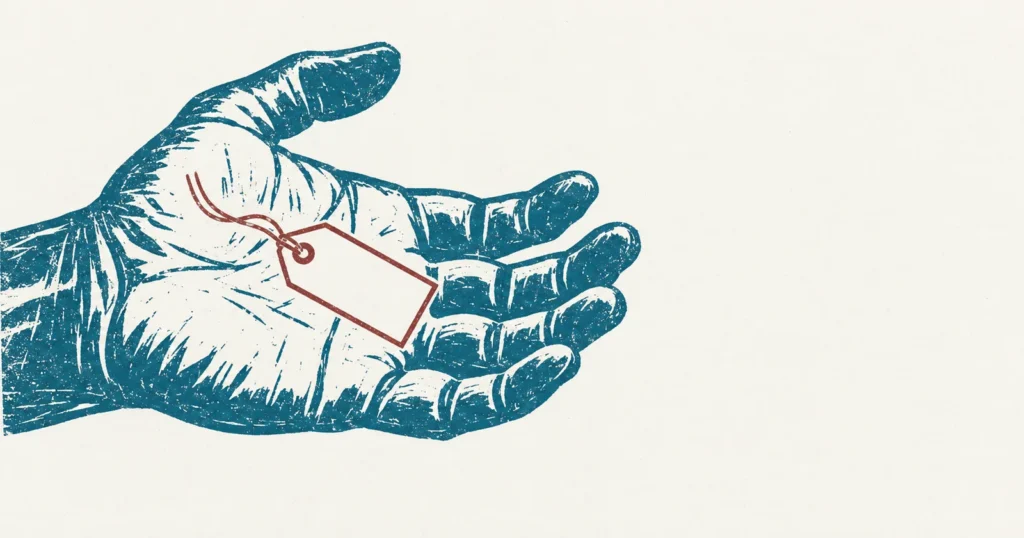 An open hand seen palm up and empty, printed in teal ink, with a small blank merchant's price tag drawn into the palm in red in a later hand