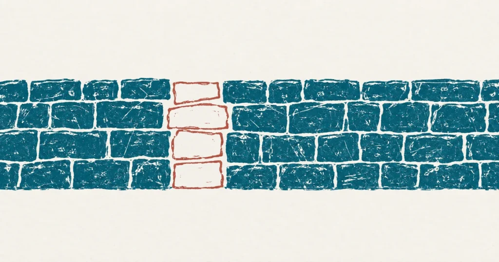 A stone wall printed in teal with a clear doorway-sized opening through it, and four loosely sketched red blocks drawn into the gap in a later hand, filling the way out