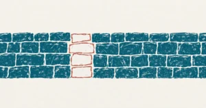 A stone wall printed in teal with a clear doorway-sized opening through it, and four loosely sketched red blocks drawn into the gap in a later hand, filling the way out