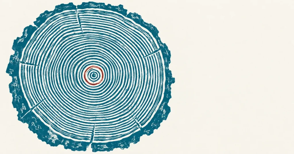 The cut face of a tree stump seen from above with many annual growth rings, printed in teal, with a small red circle drawn around only the two or three rings at its centre