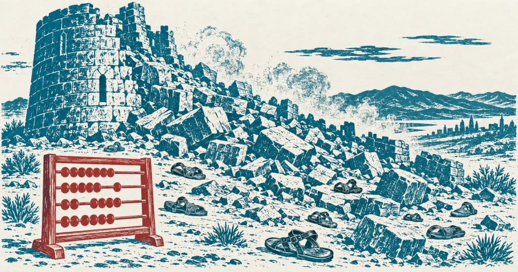 The ruin of a fallen stone watchtower with abandoned sandals scattered among the tumbled blocks, printed in teal ink, with a merchant's counting frame drawn in red standing in the foreground