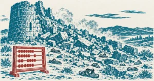 The ruin of a fallen stone watchtower with abandoned sandals scattered among the tumbled blocks, printed in teal ink, with a merchant's counting frame drawn in red standing in the foreground