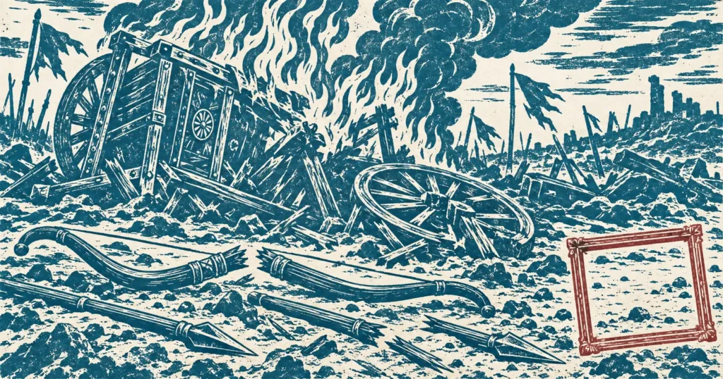 A battlefield with a burning chariot, a snapped war bow and spears cut through, printed in teal ink, with a small ornate picture frame drawn in red around the one empty patch of ground in the corner