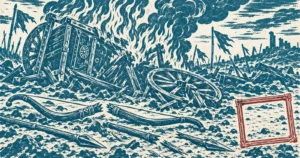A battlefield with a burning chariot, a snapped war bow and spears cut through, printed in teal ink, with a small ornate picture frame drawn in red around the one empty patch of ground in the corner