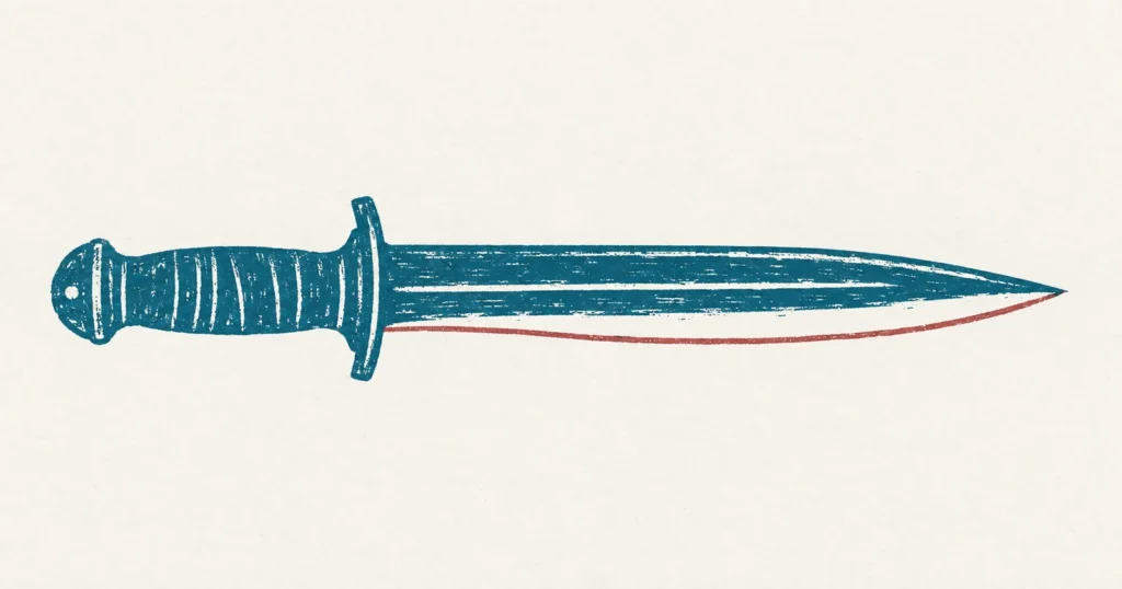 A plain straight double-edged knife lying flat, printed in teal ink, with its lower edge redrawn rounded and blunt in red so that only one side can still cut