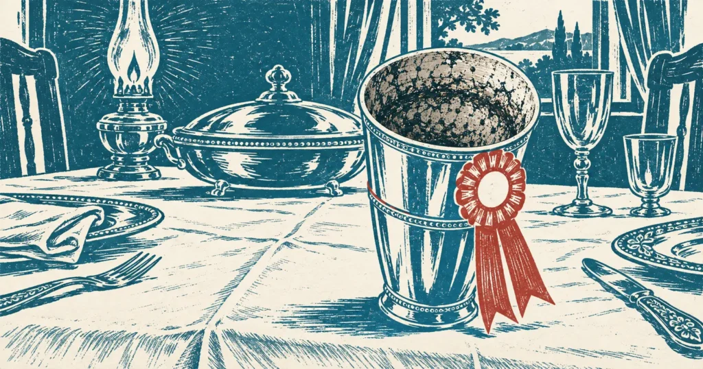An immaculate laid dinner table with a polished cup tipped toward the viewer to show a thick crust of grime inside it, printed in teal ink, with an award rosette drawn in red tied around the clean outside