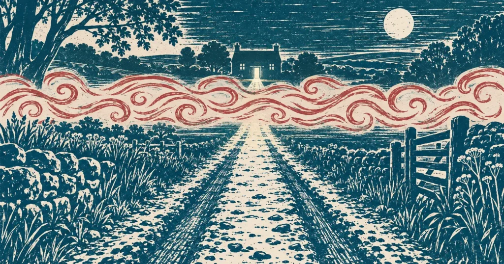A country road at night running toward a house whose door stands open with lamplight spilling along it, printed in teal ink, with a thick rolling bank of fog drawn in red right across the middle of the road
