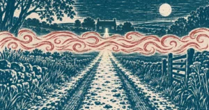 A country road at night running toward a house whose door stands open with lamplight spilling along it, printed in teal ink, with a thick rolling bank of fog drawn in red right across the middle of the road
