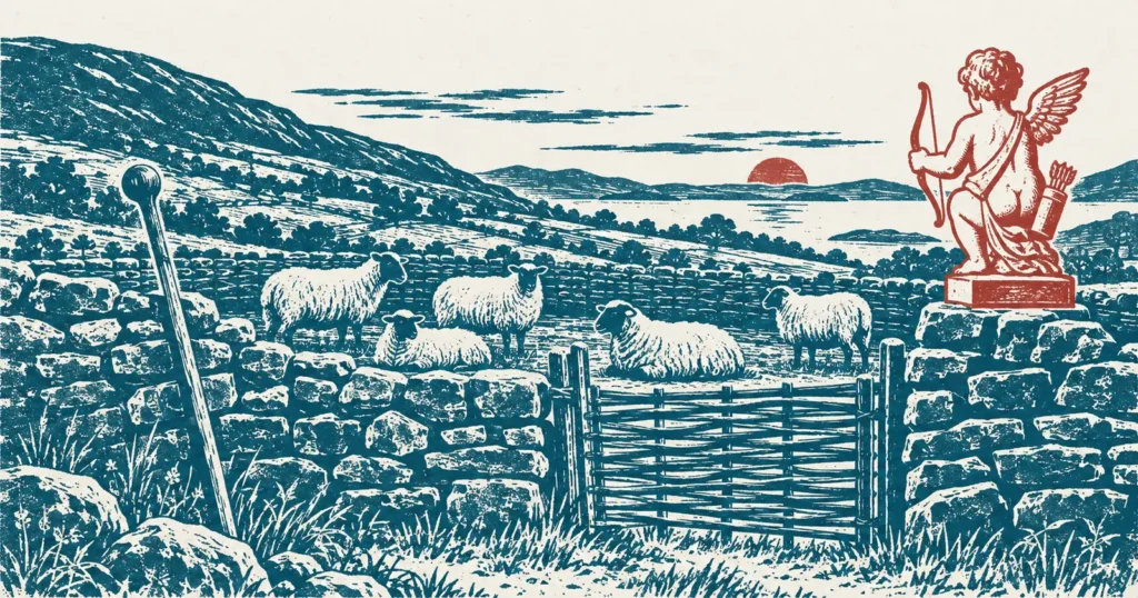 A hillside sheepfold with a drystone wall, a woven hurdle gate, sheep in the pen and a shepherd's rod leaning in the foreground, printed in teal ink, with a winged garden statue of Cupid drawn in red perched on the wall