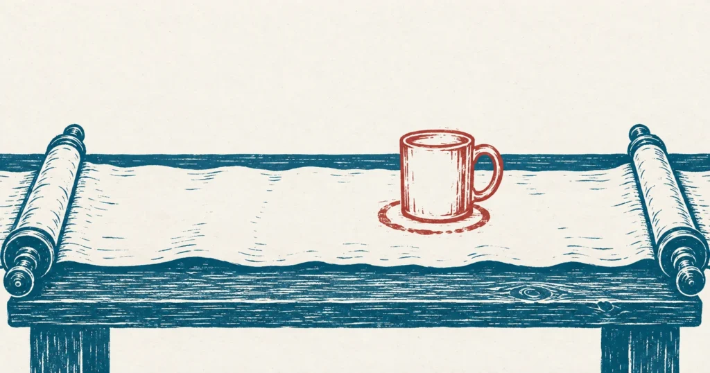 A long parchment scroll unrolled flat across a table with its rollers at either end, printed in teal ink, with an ordinary mug drawn in red standing on it and a ring stain marking one small patch