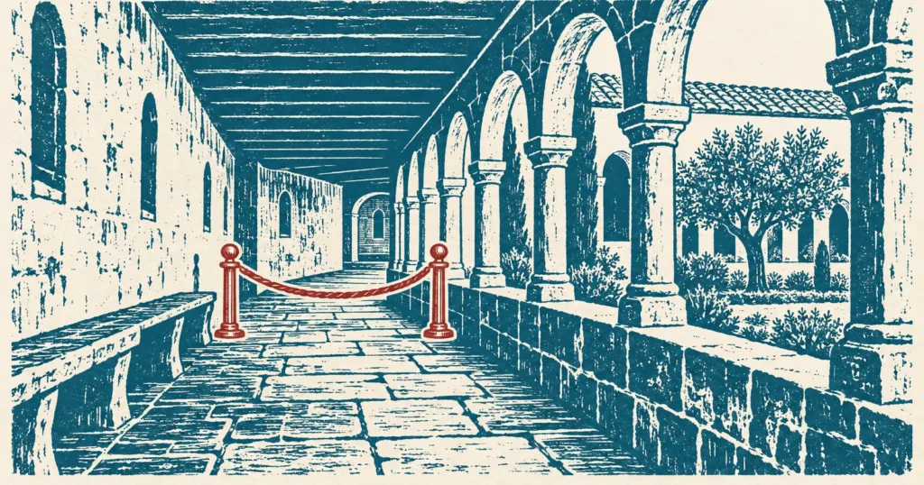 The covered walk of a monastery cloister with its stone arcade, bench and flagstones running away and turning a corner, printed in teal ink, with a rope barrier between two posts drawn in red across the passage