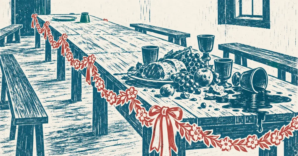 A long communal table heaped with food and a knocked-over cup at one end and stripped bare at the other, printed in teal ink, with a wedding garland of flowers and ribbon bows drawn in red along its whole length