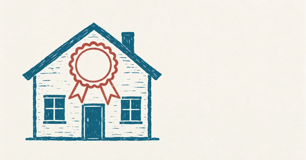 A plain newly built house printed in teal with dark empty windows, and a large red guarantee rosette with ribbon tails stamped across its front wall in a later hand