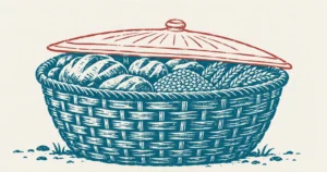 A large woven communal relief basket heaped with loaves and grain, printed in teal ink, with a fitted lid drawn over its open mouth in red so the food is closed away