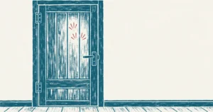 A plain closed wooden door printed in teal, seen from inside a room with the hinges and the handle both on the viewer's side, and red knock marks on its face showing somebody knocking from the far side