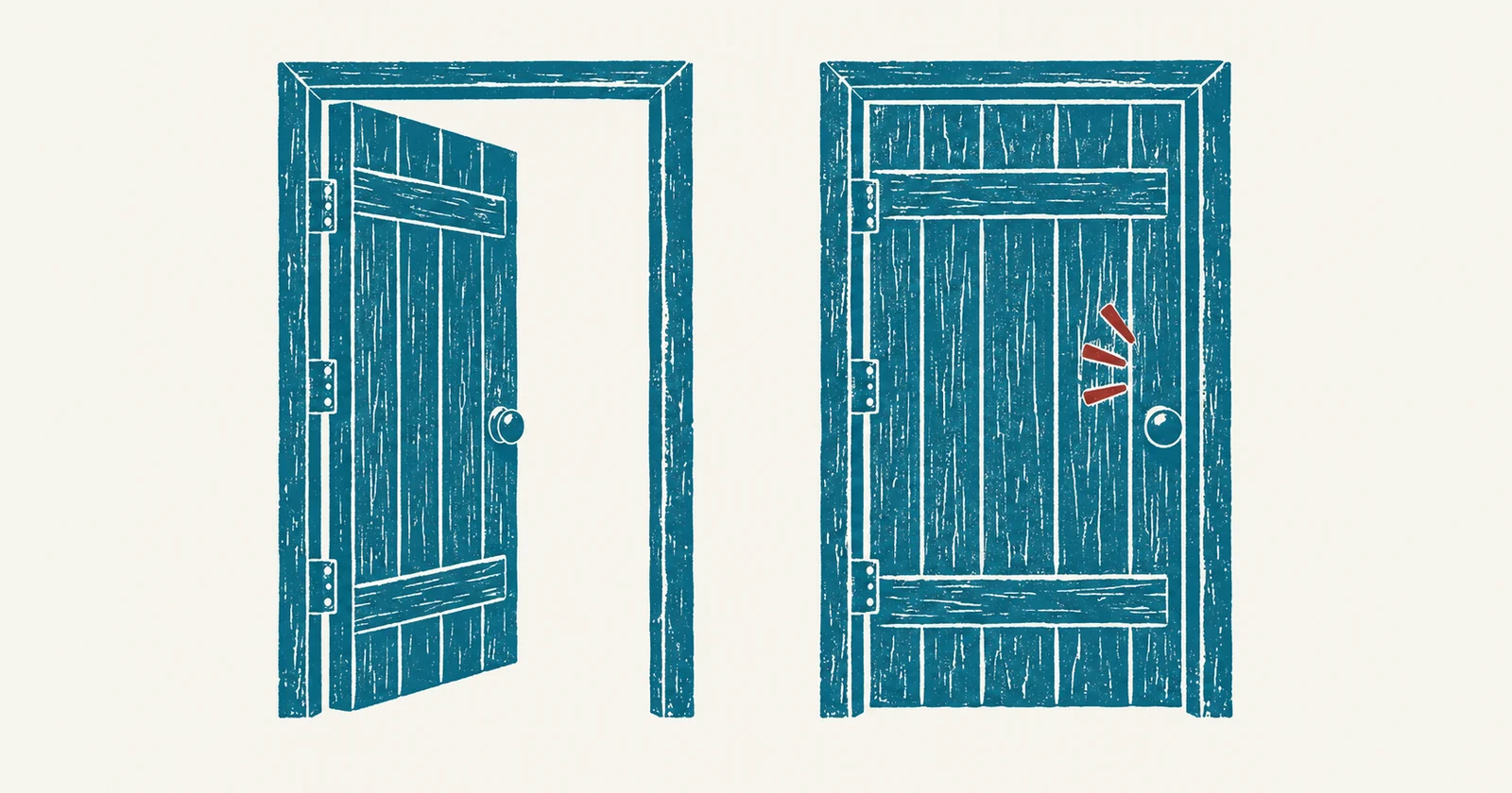 Two identical wooden doors side by side printed in teal, the left one standing wide open and the right one shut, with red knock marks on the closed one