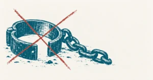 An open iron shackle with a short length of chain lying on bare ground, printed in teal, worn smooth on the inside of the cuff, with a loose red X struck across it in a later hand
