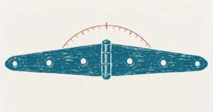 A plain iron strap hinge lying open and flat with its two leaves spread wide apart, printed in teal ink, with a graduated measuring arc and tick marks drawn in red across the gap between them