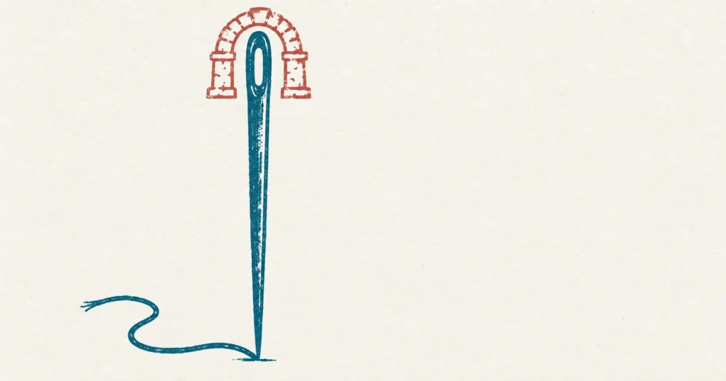 A large sewing needle standing point down with a loose thread beside it, printed in teal ink, with the outline of a low stone gateway drawn in red around its eye