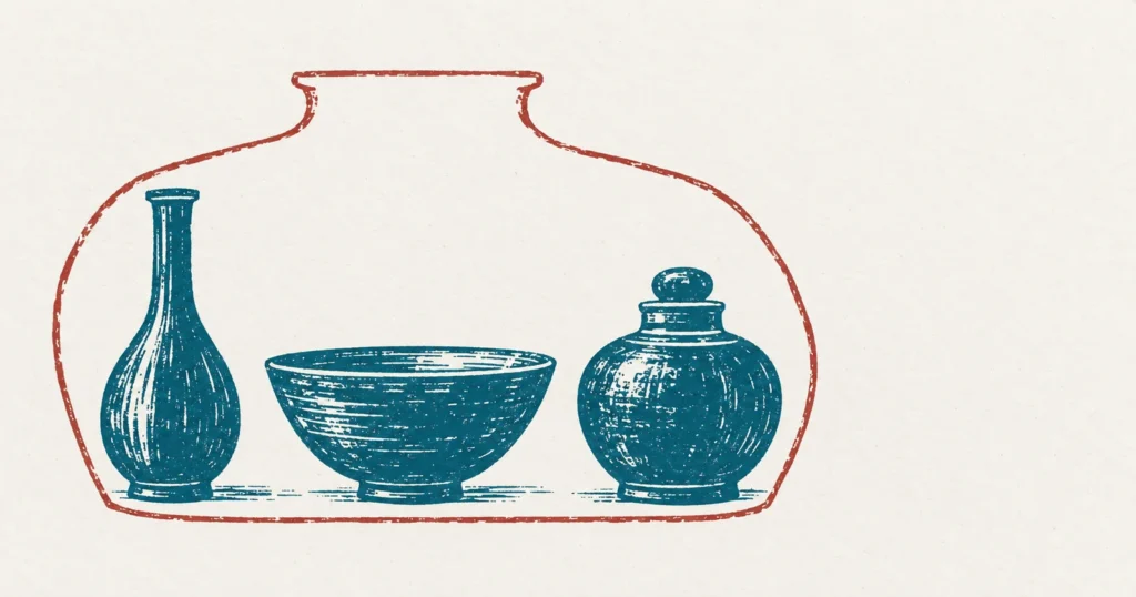 Three clearly different vessels standing apart in a row, a tall flask, a shallow bowl and a squat jar, printed in teal ink, with the single outline of one large jar drawn over all three in red