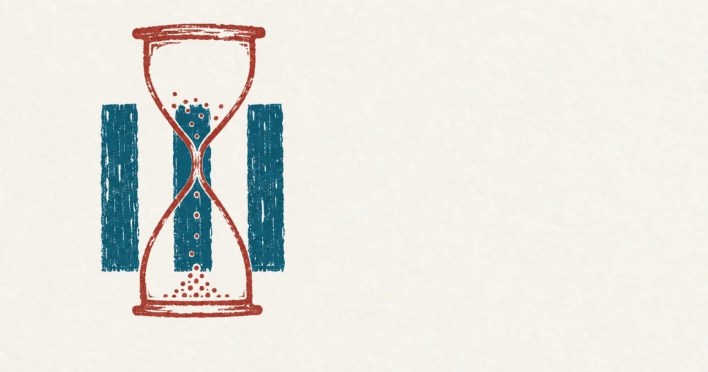 Three tally strokes printed in teal ink, with the outline of an hourglass drawn over them in red in a later hand, its bulbs overhanging the marks so the two do not line up