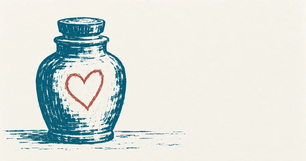 A plain apothecary's medicine jar printed in teal ink, with a simple outlined heart sketched onto its face in red in a later hand