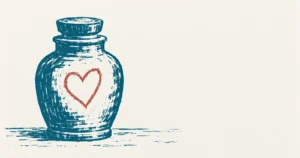 A plain apothecary's medicine jar printed in teal ink, with a simple outlined heart sketched onto its face in red in a later hand