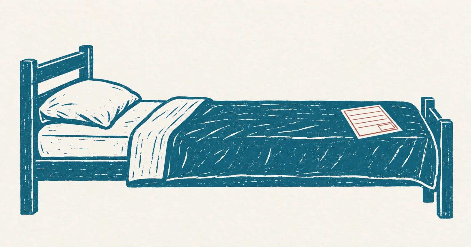 A plain single bed, made and empty, printed in teal ink, with a small blank ruled invoice lying on the blanket in red