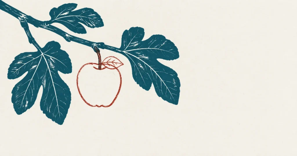 A linocut fig branch in teal ink, with the outline of an apple sketched over the empty space beneath it in red, in a lighter and later hand