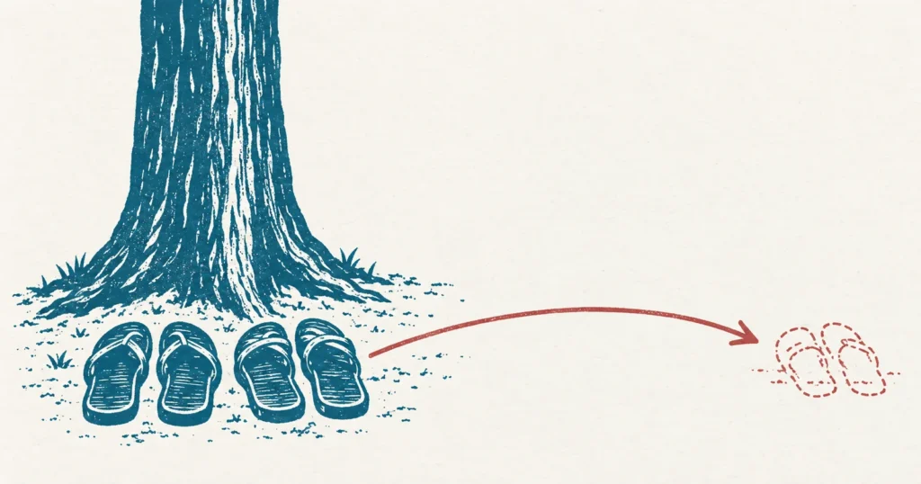 Two pairs of empty sandals standing side by side at the foot of a tree, printed in teal, with a red arrow sweeping the right-hand pair away to a faint dashed outline at the edge of the frame