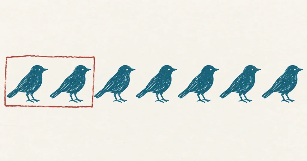 A row of seven identical birds printed in teal ink, with a hand-drawn red rectangle enclosing only the first two, leaving five outside it