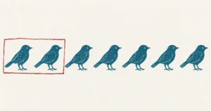 A row of seven identical birds printed in teal ink, with a hand-drawn red rectangle enclosing only the first two, leaving five outside it