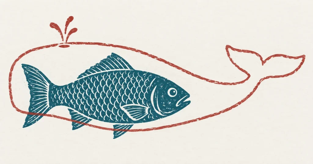 A linocut of a large scaled fish with a vertical tail fin, with the outline of a whale drawn over it in red in a later hand, its blowhole and horizontal fluke overhanging the fish and not fitting it
