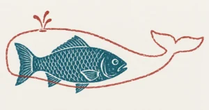 A linocut of a large scaled fish with a vertical tail fin, with the outline of a whale drawn over it in red in a later hand, its blowhole and horizontal fluke overhanging the fish and not fitting it