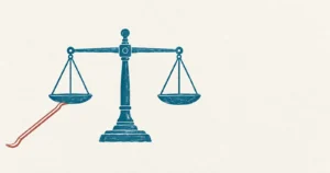 A two-pan balance scale printed in teal with its beam perfectly level and both pans empty, and a crowbar drawn in red wedged under one pan in a later hand, the beam unmoved