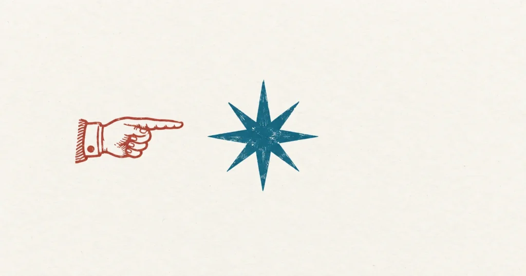 A single eight-pointed morning star printed in teal ink on an otherwise empty sheet, with a red printer's manicule, the old pointing hand from the margin, aimed at it