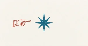 A single eight-pointed morning star printed in teal ink on an otherwise empty sheet, with a red printer's manicule, the old pointing hand from the margin, aimed at it
