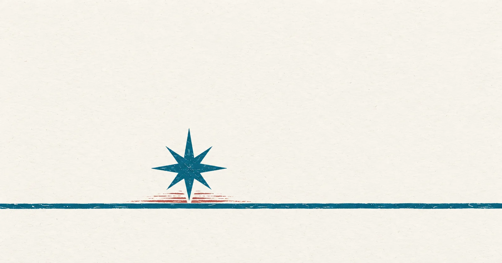 The same eight-pointed morning star printed in teal, sitting just above a plain horizon line, with the first red of dawn coming up beneath it
