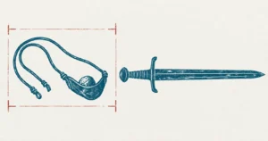 A shepherd's sling holding one stone and a long sword lying beside it, printed in teal ink, with red printer's crop marks framing only the sling and leaving the sword outside them