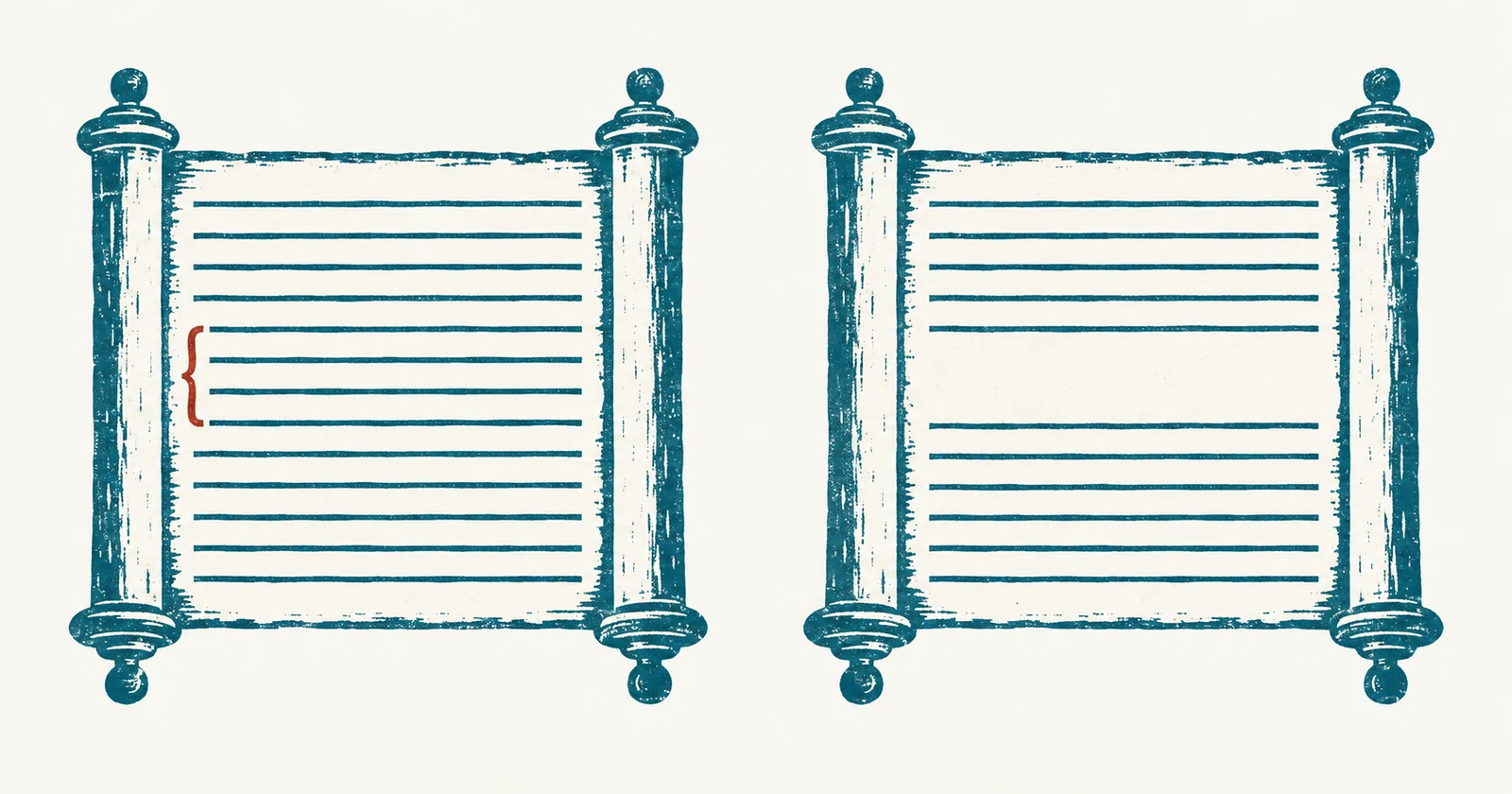 Two identical open scrolls printed in teal with blank ruled lines, the left one running unbroken and marked with a red bracket, the right one missing three lines in the middle