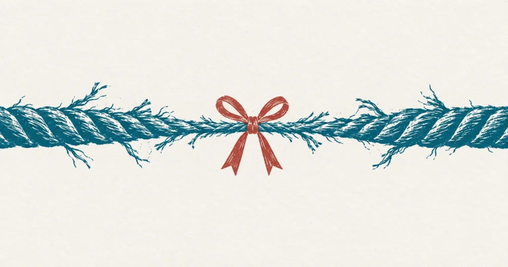 A thick rope pulled taut and badly frayed but unbroken, printed in teal, with a small neat decorative ribbon bow drawn around its middle in red in a later hand