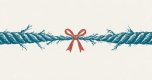 A thick rope pulled taut and badly frayed but unbroken, printed in teal, with a small neat decorative ribbon bow drawn around its middle in red in a later hand