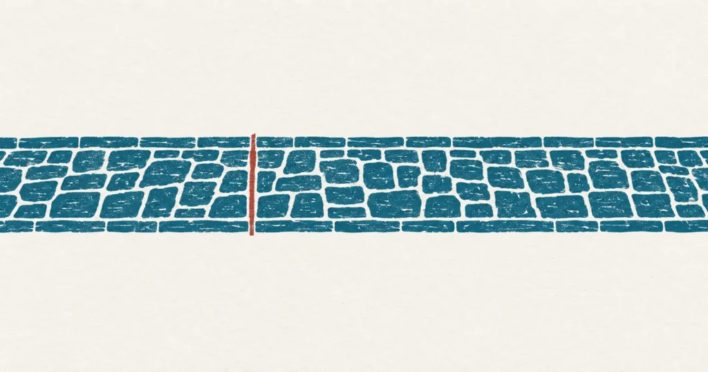 A straight paved ancient road printed in teal, running the full width, with a single thin red line ruled across it at one point, the paving identical on both sides of the mark