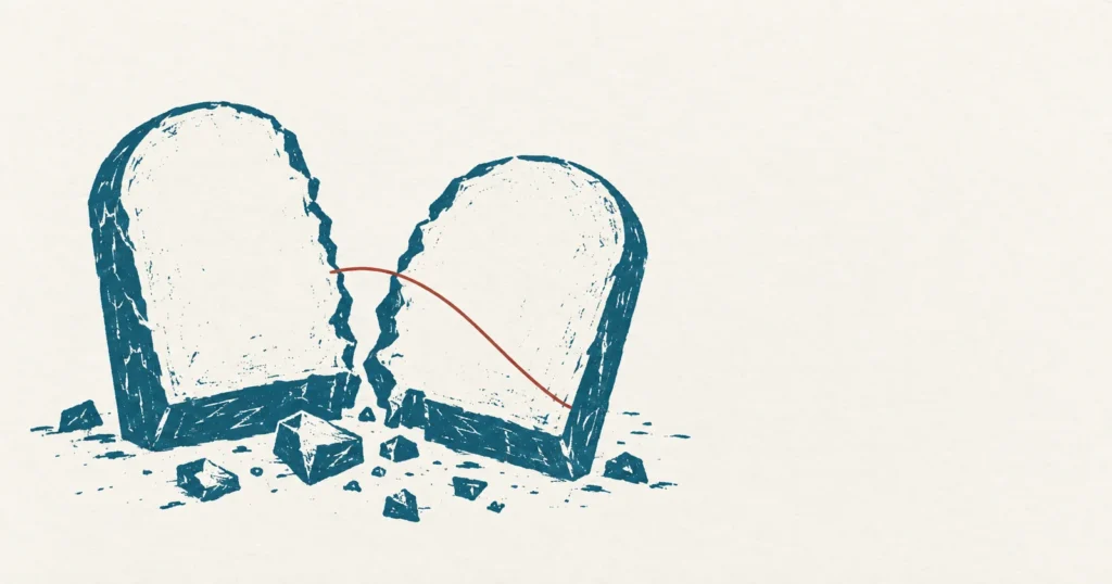 Two blank stone tablets lying smashed apart with chips scattered around them, printed in teal, with a neat red line drawn across the break mending it shut in a later hand