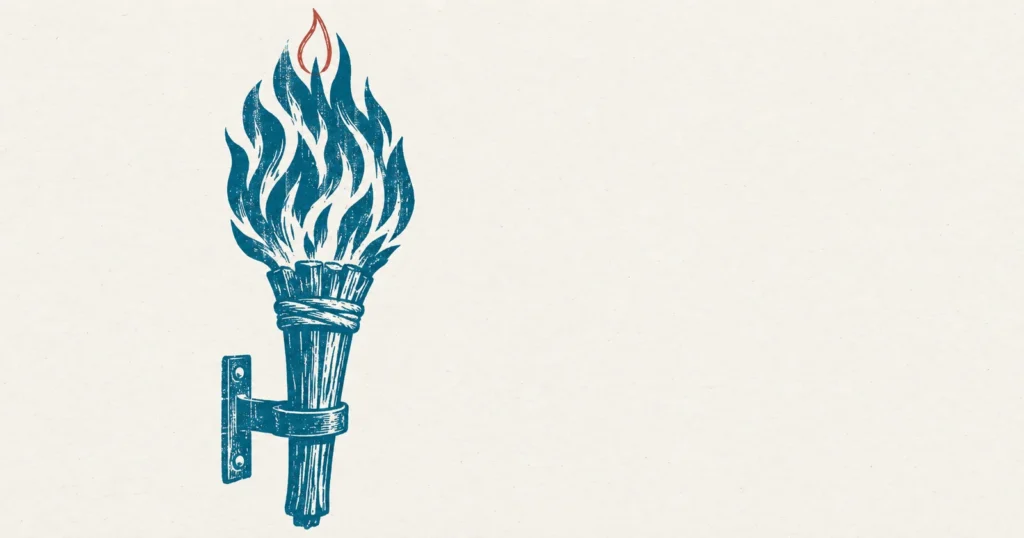 A wooden torch burning with a large fierce flame printed in teal, with a small neat candle flame sketched over its tip in red in a later hand