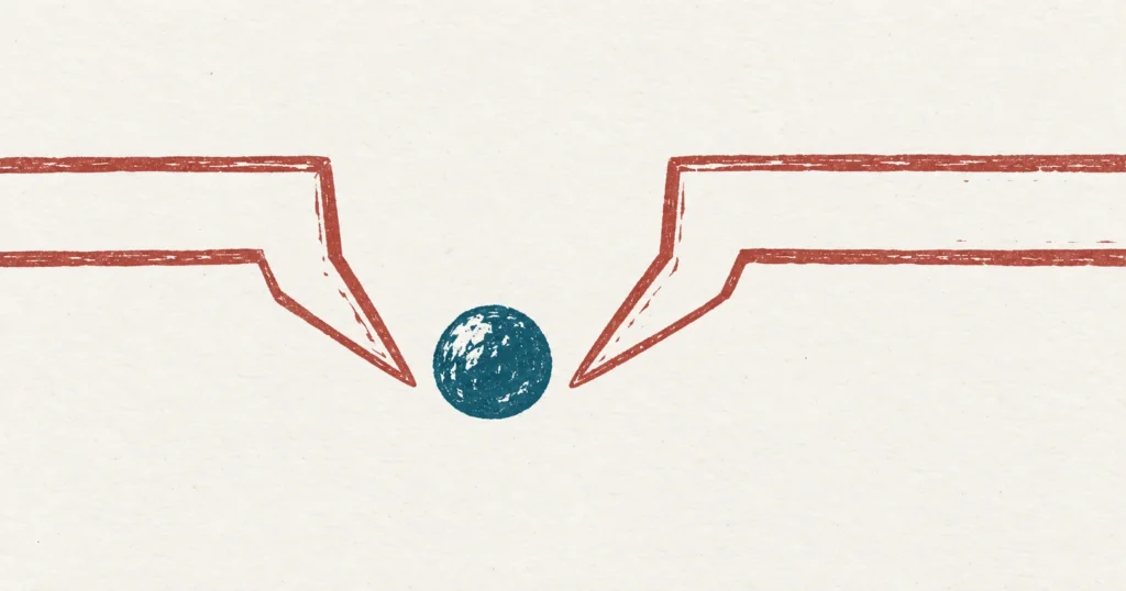 A single mustard seed printed in teal ink, with the jaws of a pair of measuring calipers drawn in red closing on it from both sides in a later hand