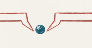 A single mustard seed printed in teal ink, with the jaws of a pair of measuring calipers drawn in red closing on it from both sides in a later hand