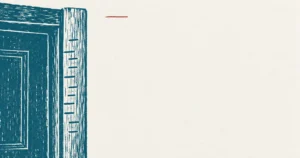 A wooden doorpost carved with a rising series of household growth notches, printed in teal ink, with a single short red line floating in the empty air far above the top of the frame