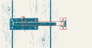 An iron door bolt on plain boards drawn fully open, printed in teal, with the same bolt sketched over it in red shot home into its staple